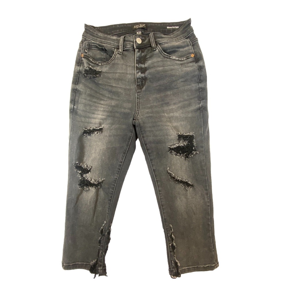 Judy Blue Jeans Womens 5 / 27 Skinny Crop Rips Distressed Mid Rise Stretch Black
